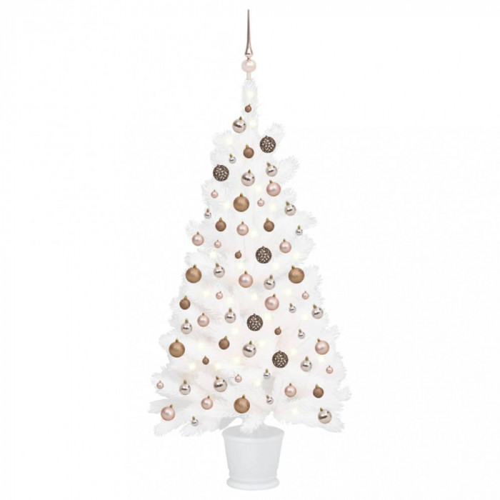 Set brad de Crăciun artificial cu LED-uri/globuri, alb, 90 cm