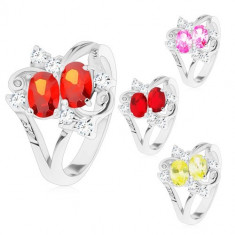 Inel cu braţe despicate, două ovaluri colorate, zirconii transparente - Marime inel: 50, Culoare: Galben