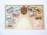 Rară! Romania carte poștală heraldica filatelică regele Carol I cu stema regala si harta Principatelor Romane,necirculată 1903