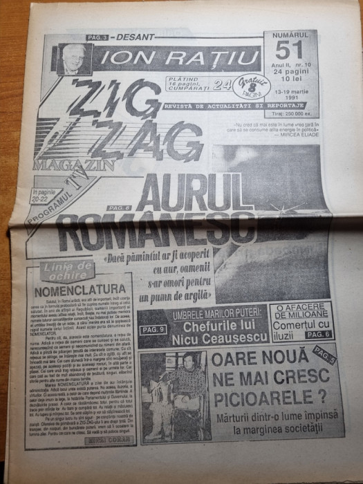 Ziarul Zig-Zag 13-19 martie 1991-ion ratiu,aurul romanesc
