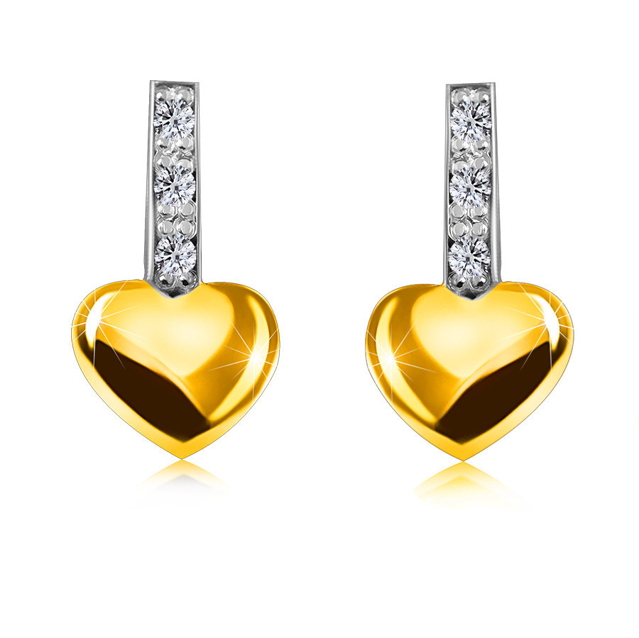Cercei din aur combinat, de 9K, cu diamante - bandă cu diamante, inimă  netedă, știfturi | Okazii.ro