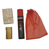 Set Bricheta anti-vant, metalica, aurie, cutie cadou, Gaz incarcare bricheta Zippo, 100 ml, saculet cadou, b4