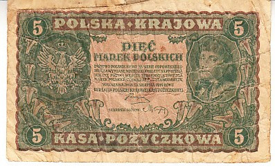 M1 - Bancnota foarte veche - Polonia - 5 marek - 1919