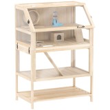 PawHut Cușcă pentru hamster din lemn 3 etaje Cușcă pentru rozătoare cu podea detașabilă Raft Roată Balansoar Rampă Căsuță 80x53x117cm Lemn natural | A