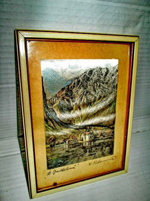 4322-I- Muntele St.Bartholoma Bavaria semnat M. Fatermint- Tablou matase vechi.