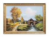 Cumpara ieftin Tablou living peisaj cu tarancuta si moara de apa pictat manual inramat, 80x60cm ulei pe panza, Geo Ungureanu