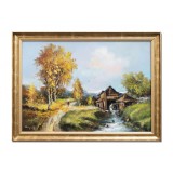 Tablou living peisaj cu tarancuta si moara de apa pictat manual inramat, 80x60cm ulei pe panza, Geo Ungureanu