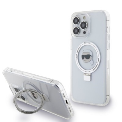 Husa pentru iPhone 15 Pro Max - Karl Lagerfeld Hardcase Ring Stand MagSafe (KLHMP15XHMRSKHH) - White Karl Head foto