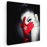 Tablou canvas portret femeie cu manusa rosie, alb, negru 1254 Tablou canvas pe panza CU RAMA 30x30 cm