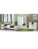 Set Dormitor Tiko, Alb, Dulap 200 cm, Pat 160x200 cm, 2 noptiere, comoda