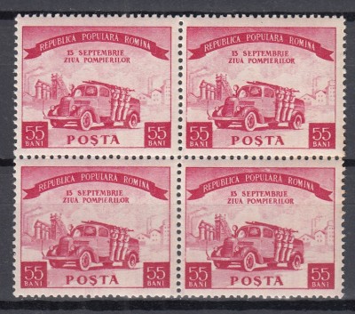 ROMANIA 1955 LP 394 ZIUA POMPIERILOR BLOC DE 4 TIMBRE STARE MNH foto