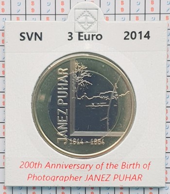 Slovenia 3 euro 2014 UNC - Janez Puhar - km 118 - cartonas personalizat D57201 foto