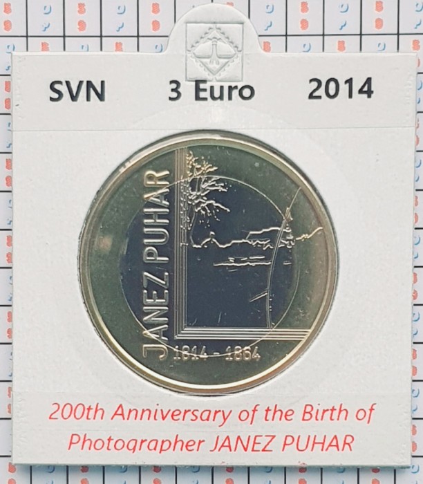 Slovenia 3 euro 2014 UNC - Janez Puhar - km 118 - cartonas personalizat D57201