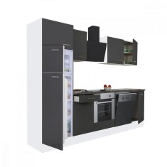 Mobilă de bucătărie Yorki 280, corp alb, față antracit satinat, element cuptor inferior, frigider congelator superior