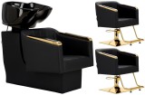 Set Pikos negru, spălătorie frizerie, 2 scaune hidraulice rotative, suport pentru picioare, chiuvetă mobilă, bol ceramic, baterie duș