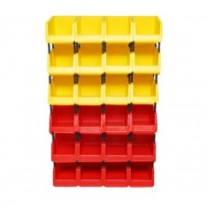 Stand cu 24 cutii pentru depozitare / organizare, cutie din plastic rosie, galbena,700x300x1150mm