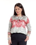 Cumpara ieftin Bluza Dama din Satin cu Funda, Gri cu Rosu si imprimeu - XL
