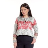 Bluza Dama din Satin cu Funda, Gri cu Rosu si imprimeu - M