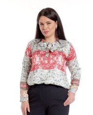 Bluza Dama din Satin cu Funda, Gri cu Rosu si imprimeu - L