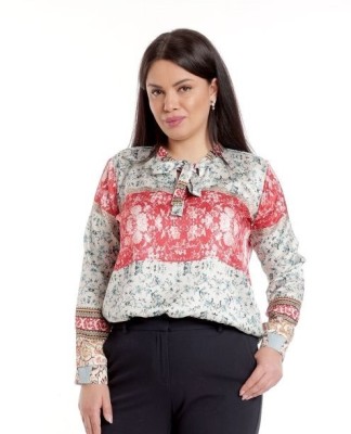 Bluza Dama din Satin cu Funda, Gri cu Rosu si imprimeu - M foto