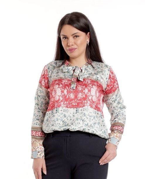 Bluza Dama din Satin cu Funda, Gri cu Rosu si imprimeu - M
