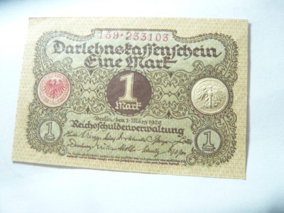 Bancnota Militara 1 Marca 1920 ,serie 3+6 cifre -Germania , cal.NC foto