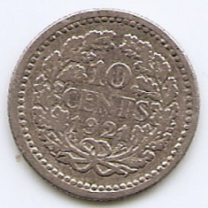 Olanda 10 Cents 1921 - Wilhelmina, Argint 1.4 g/640, 15 mm KM-145 (1)