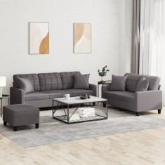 Set de canapele cu perne, 3 piese, gri, piele ecologică foto