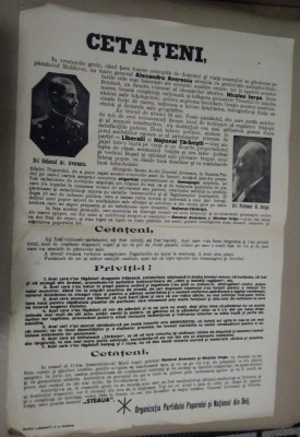 Afiș electoral Partidul Poporului Averescu - Partidul Național Iorga - anii 1930 foto