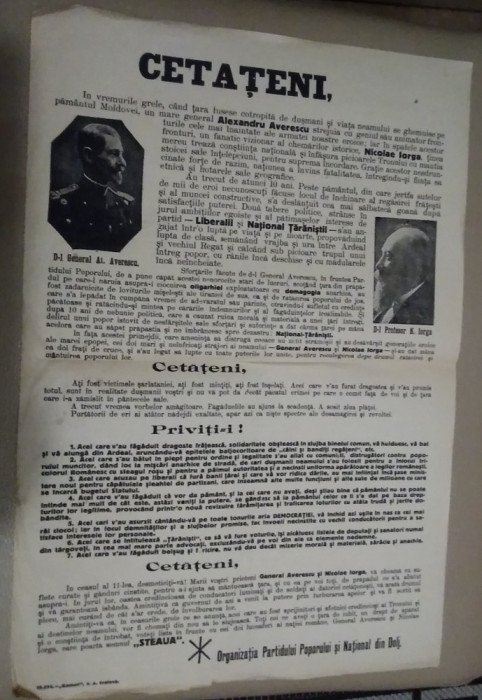 Afiș electoral Partidul Poporului Averescu - Partidul Național Iorga - anii 1930