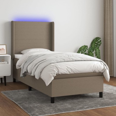 vidaXL Pat cu arcuri, saltea și LED, gri taupe, 90x190 cm, textil 3138121 foto