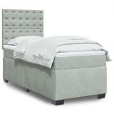 Gossi pat box spring cu saltea, gri deschis, 90x190 cm, catifea