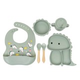 Set 6 piese pentru hranire bebelus, din silicon, model dinozaur, verde Z-TOOLS / ZTS 9094