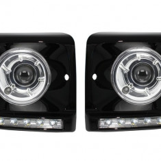 Carcasa Faruri cu Lumini de zi dedicate LED DRL Chrome Mercedes G-class W463 (1989-2012) G65 Design Negru cu Faruri Crom Bi-Xenon Performance AutoTuni