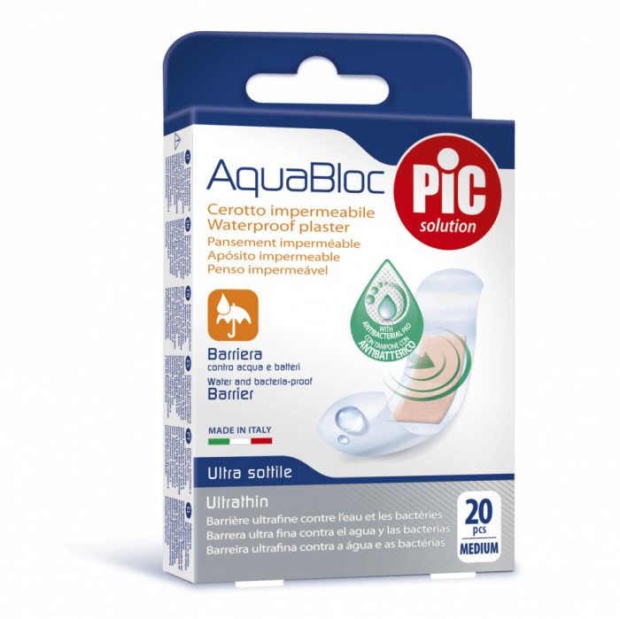 Plasturi rezistenti la apa PIC SOLUTION AQUABLOC 19x72mm cu solutie