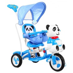 Tricicleta copii 2 in 1, model Panda, parasolar, maner, roti spuma EVA, albastru