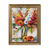Tablou pictat manual inramat, Vaza cu flori, Ikebana- 45x35cm ulei pe panza in cutit efect 3D