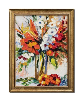 Tablou pictat manual inramat, Vaza cu flori, Ikebana- 45x35cm ulei pe panza in cutit efect 3D foto