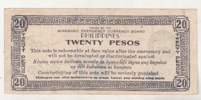 bnk bn Filipine 20 pesos 1943 Mindanao foto