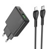 Incarcator Retea Cu Cablu Lightning HOCO N38, 20W, 3A, 1 x USB-A - 1 x USB-C, Negru, Apple