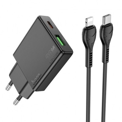 Incarcator Retea Cu Cablu Lightning HOCO N38, 20W, 3A, 1 x USB-A - 1 x USB-C, Negru foto