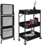 Carucior depozitare multifunctional EMC ONSHOP&reg;, Pliabil, cu 3 rafturi si 4 roti cu frana, Inox, 45x23x72 cm, Negru
