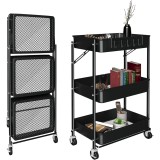 Carucior depozitare multifunctional EMC ONSHOP&reg;, Pliabil, cu 3 rafturi si 4 roti cu frana, Inox, 45x23x72 cm, Negru