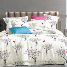 Lenjerie de pat pentru o persoana cu husa elastic pat si 2 fete perna dreptunghiulara, Sycamore, bumbac mercerizat, multicolor