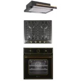 Pachet incorporabil cuptor electric ,plita gaz si hota telescopica Studio Casa Toscana Retro Black Rustic, Clasa A, Gratare fonta, Negru