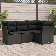 Set mobilier de gradina cu perne, 4 piese, negru, poliratan