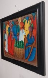 Andre Guervil (Haiti) &ndash; Pictură acrilică vintage anii &rsquo;70, scenă piață, semnată