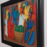 Andre Guervil (Haiti) &ndash; Pictură acrilică vintage anii &rsquo;70, scenă piață, semnată