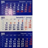Calendar de perete A3 triptic, 12 file albastru 2026