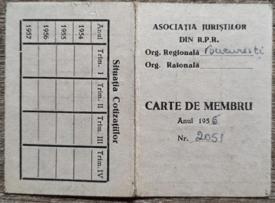 Carte de membru Asociatia Juristilor din RPR 1955 foto